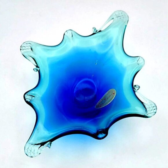Hand Blown Murano Style Art Glass Trinket Dish Crystal Clear Blue Abstract Italy - Picture 7 of 10